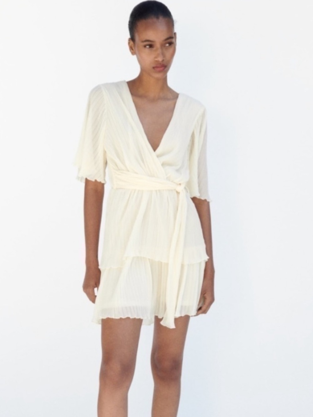 Zara Cream Pleated Tiered Mini Dress - size L